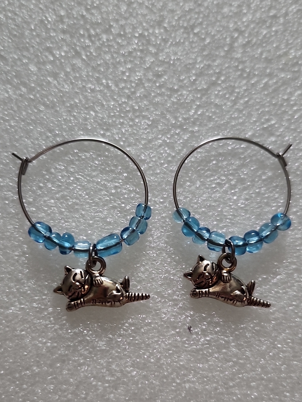 Hand Crafted Blue Beaded Cat Charm Hoop Earrings